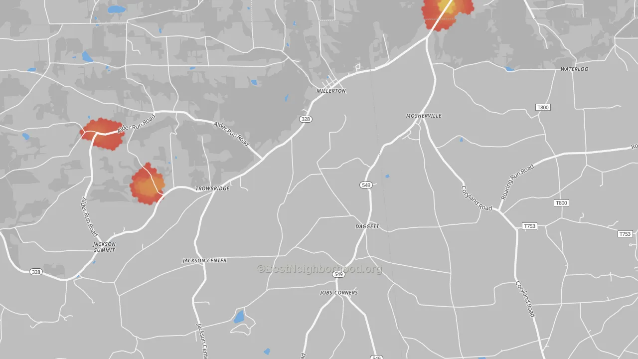 Walk Grade map of Millerton, PA, walkable areas in green and car-dependent areas in red