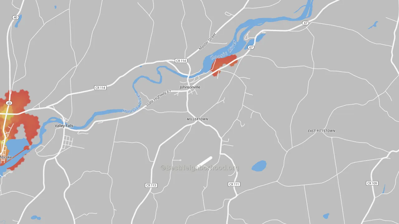 Walk Grade map of Millertown, NY, walkable areas in green and car-dependent areas in red