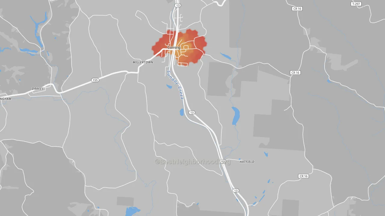 Walk Grade map of Millertown, OH, walkable areas in green and car-dependent areas in red