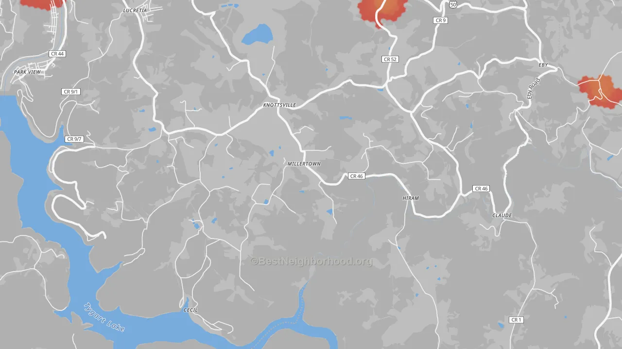 Walk Grade map of Millertown, WV, walkable areas in green and car-dependent areas in red