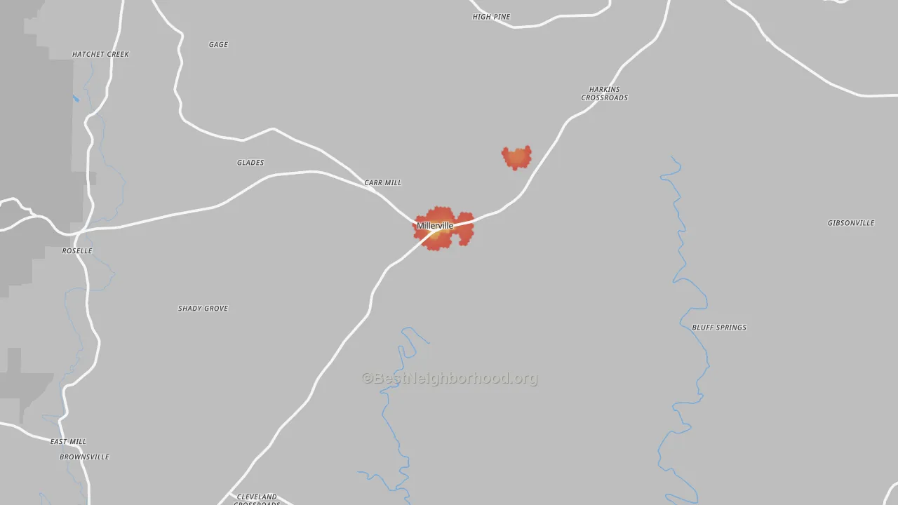 Walk Grade map of Millerville, AL, walkable areas in green and car-dependent areas in red