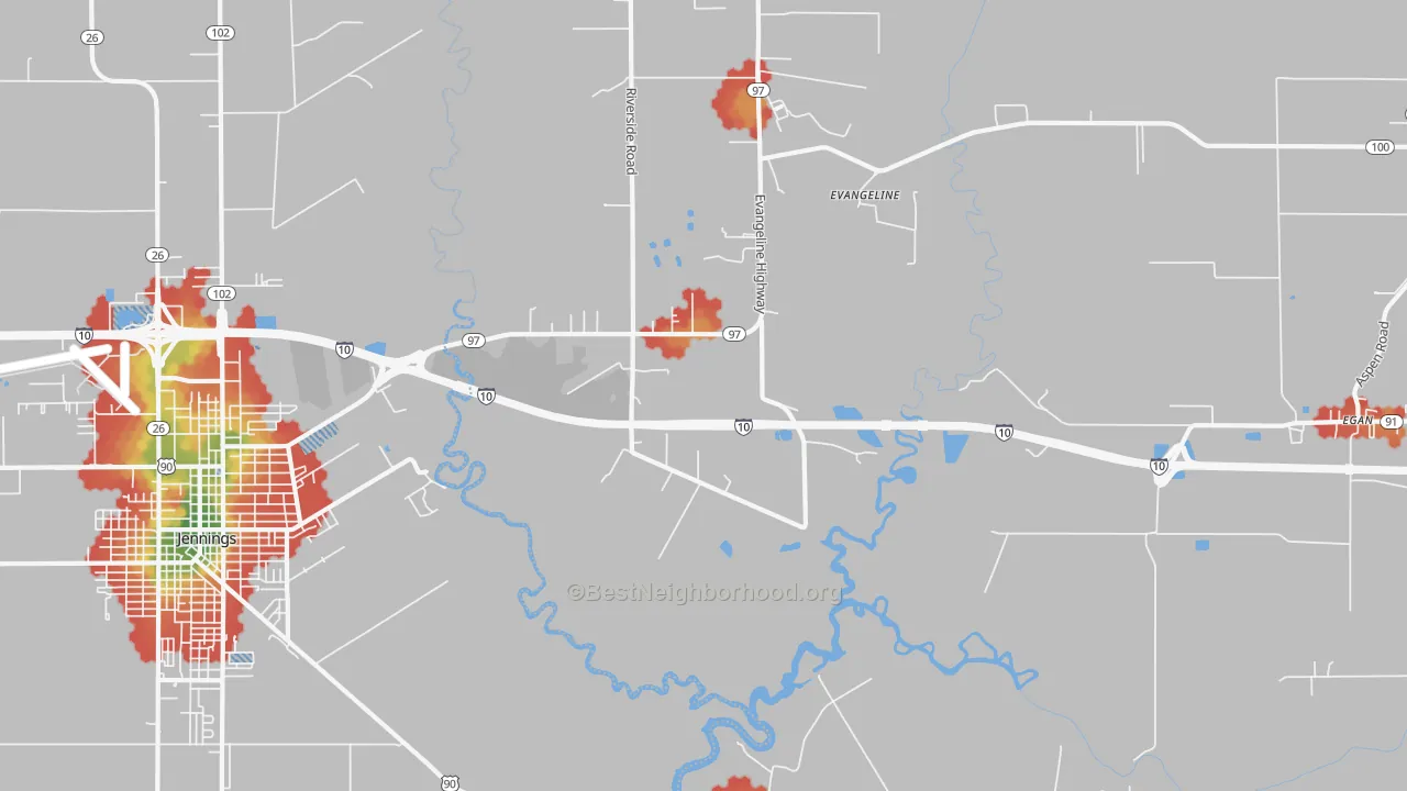 Walk Grade map of Millerville, LA, walkable areas in green and car-dependent areas in red