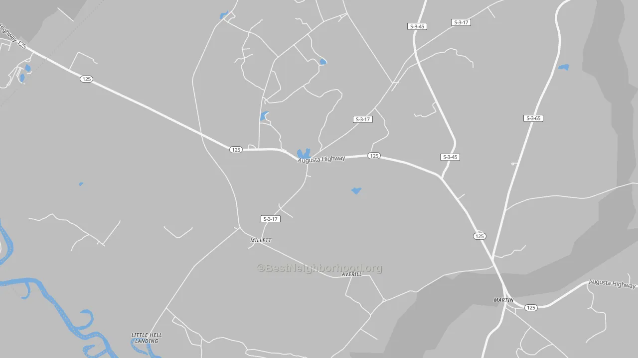 Walk Grade map of Millett, SC, walkable areas in green and car-dependent areas in red