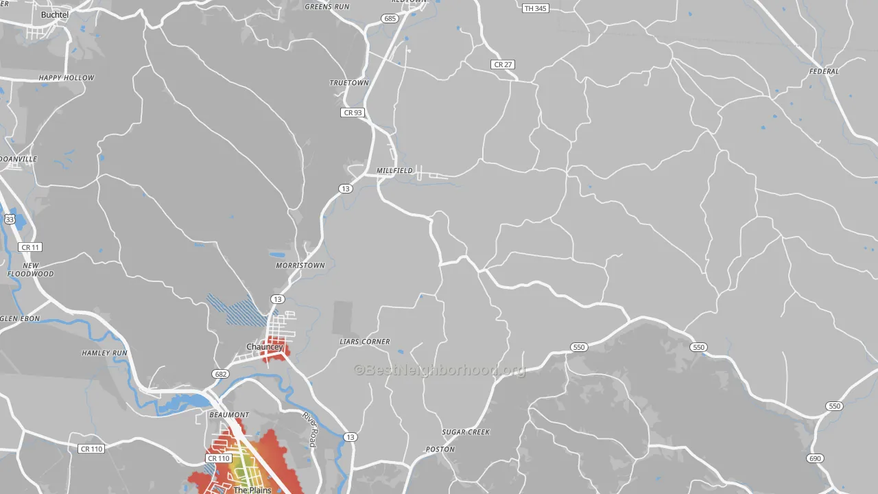 Walk Grade map of Millfield, OH, walkable areas in green and car-dependent areas in red