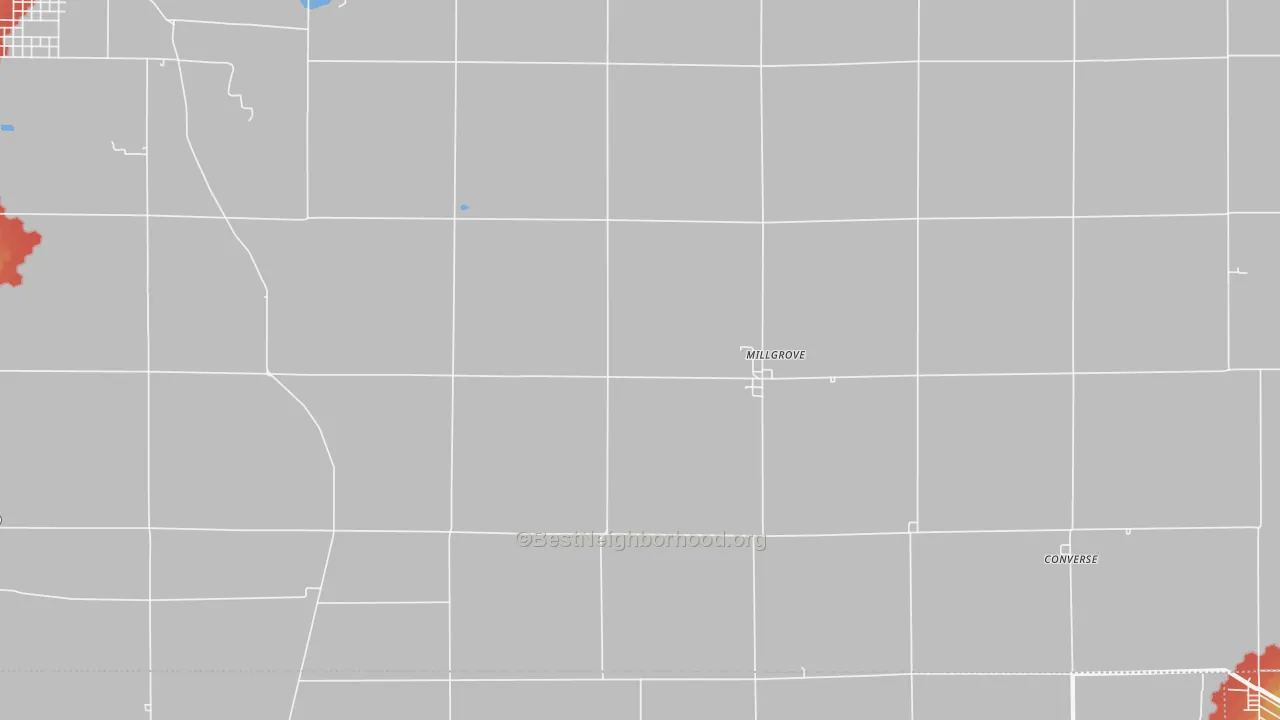 Walk Grade map of Millgrove, IN, walkable areas in green and car-dependent areas in red