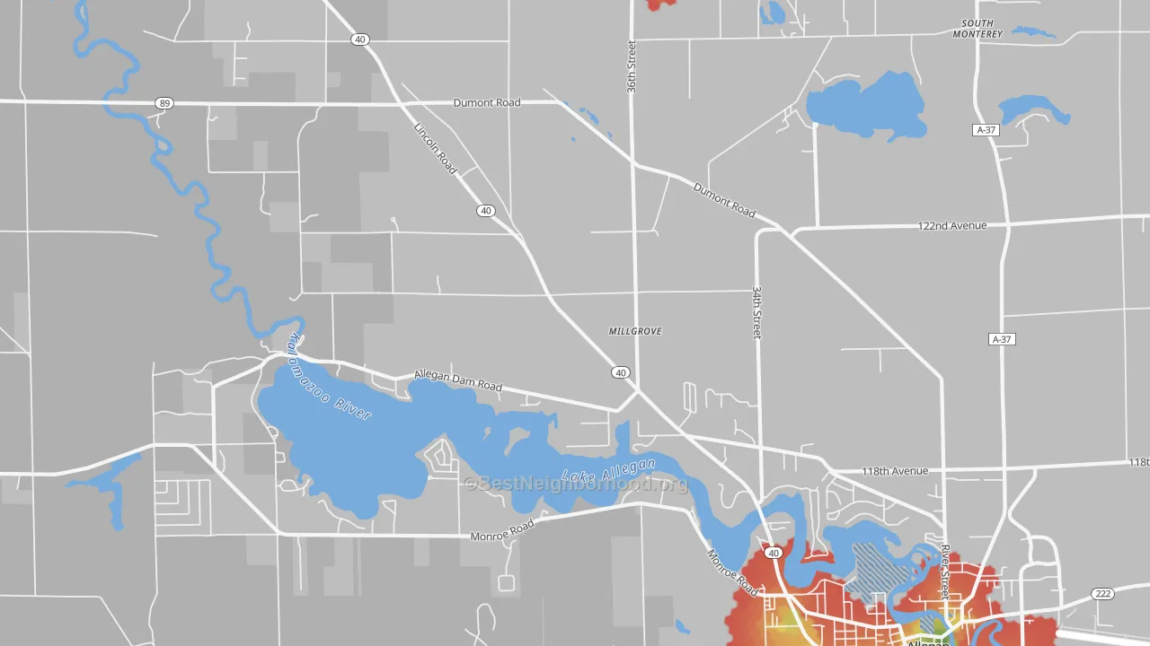 Walk Grade map of Millgrove, MI, walkable areas in green and car-dependent areas in red