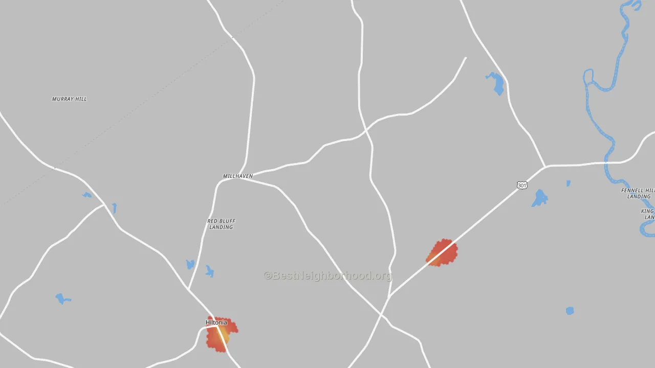 Walk Grade map of Millhaven, GA, walkable areas in green and car-dependent areas in red