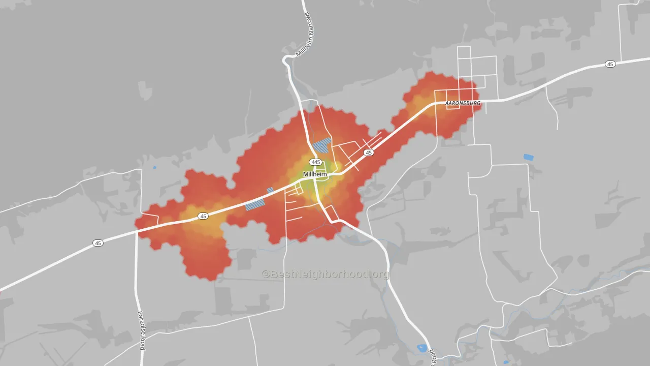 Walk Grade map of Millheim, PA, walkable areas in green and car-dependent areas in red