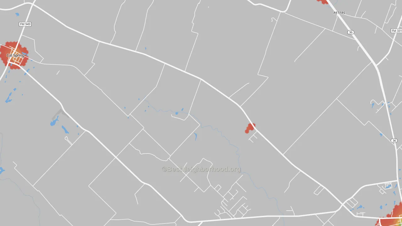 Walk Grade map of Millheim, TX, walkable areas in green and car-dependent areas in red