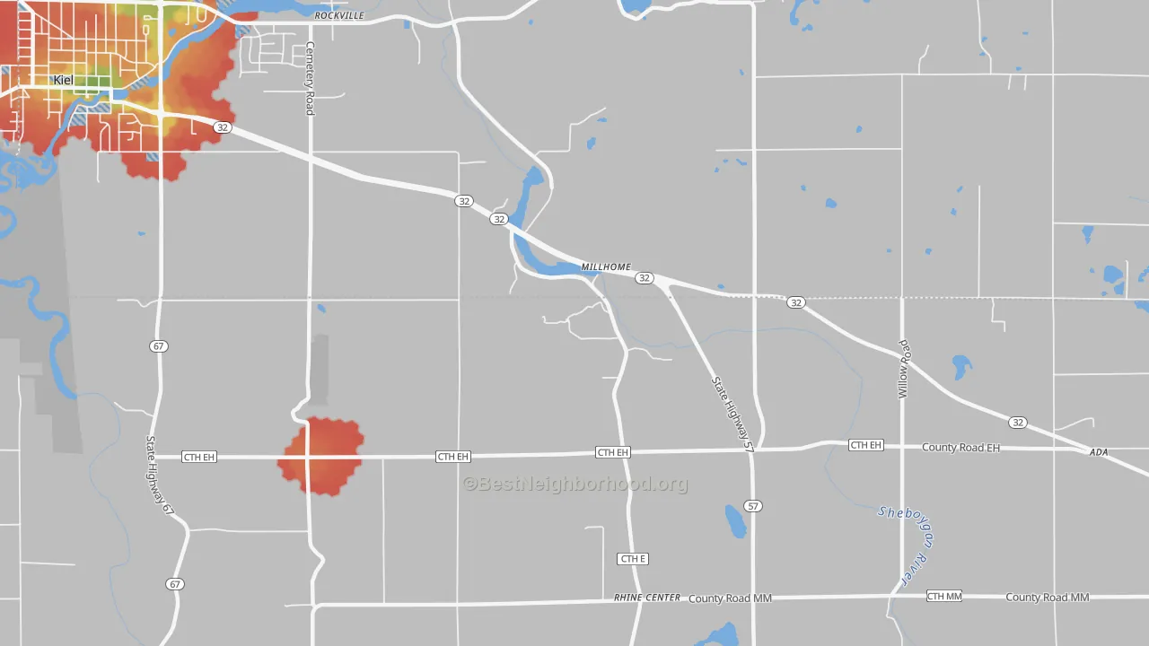 Walk Grade map of Millhome, WI, walkable areas in green and car-dependent areas in red