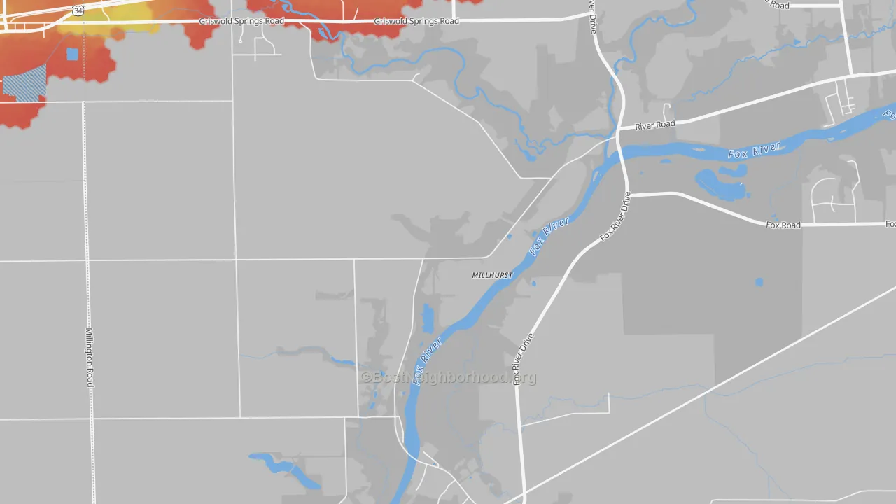 Walk Grade map of Millhurst, IL, walkable areas in green and car-dependent areas in red