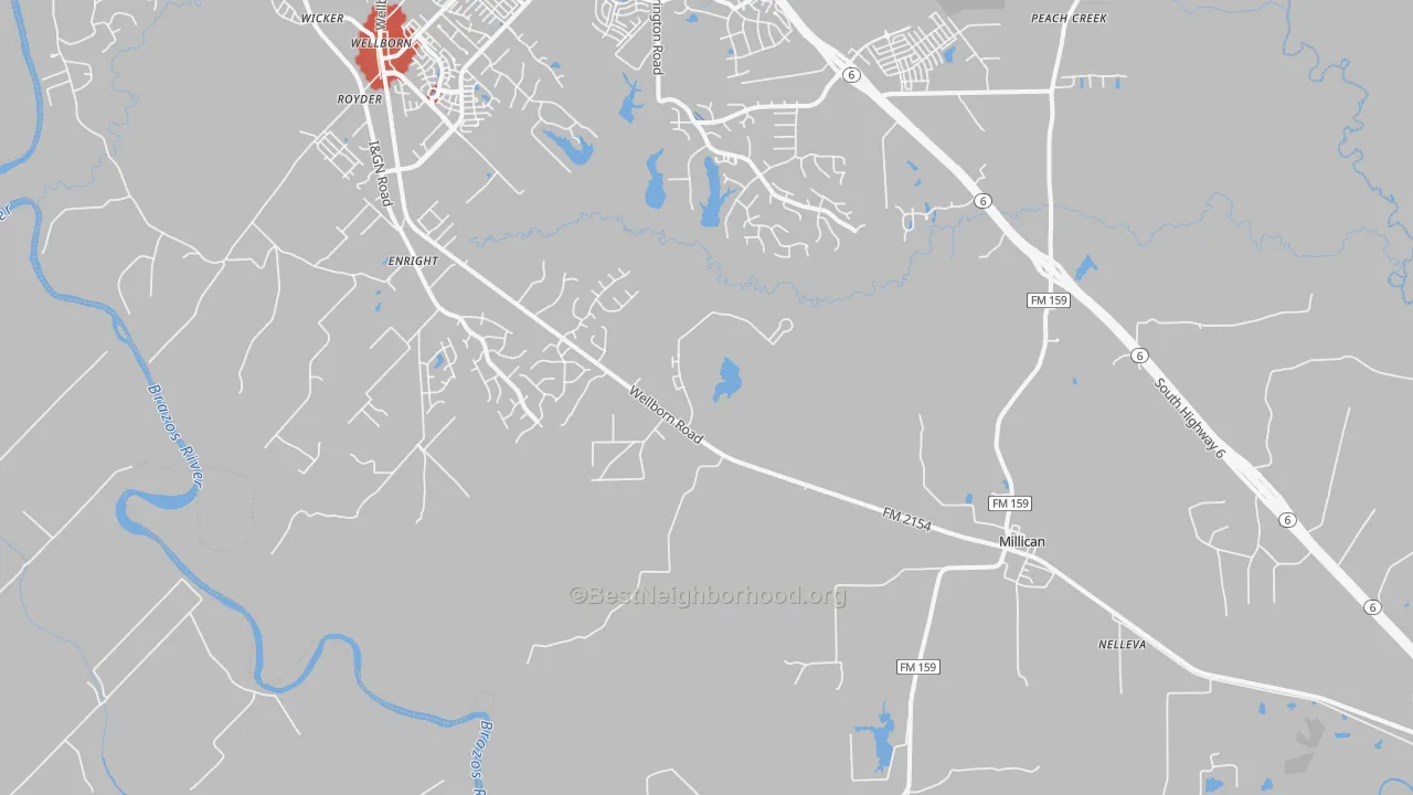 Walk Grade map of Millican, TX, walkable areas in green and car-dependent areas in red
