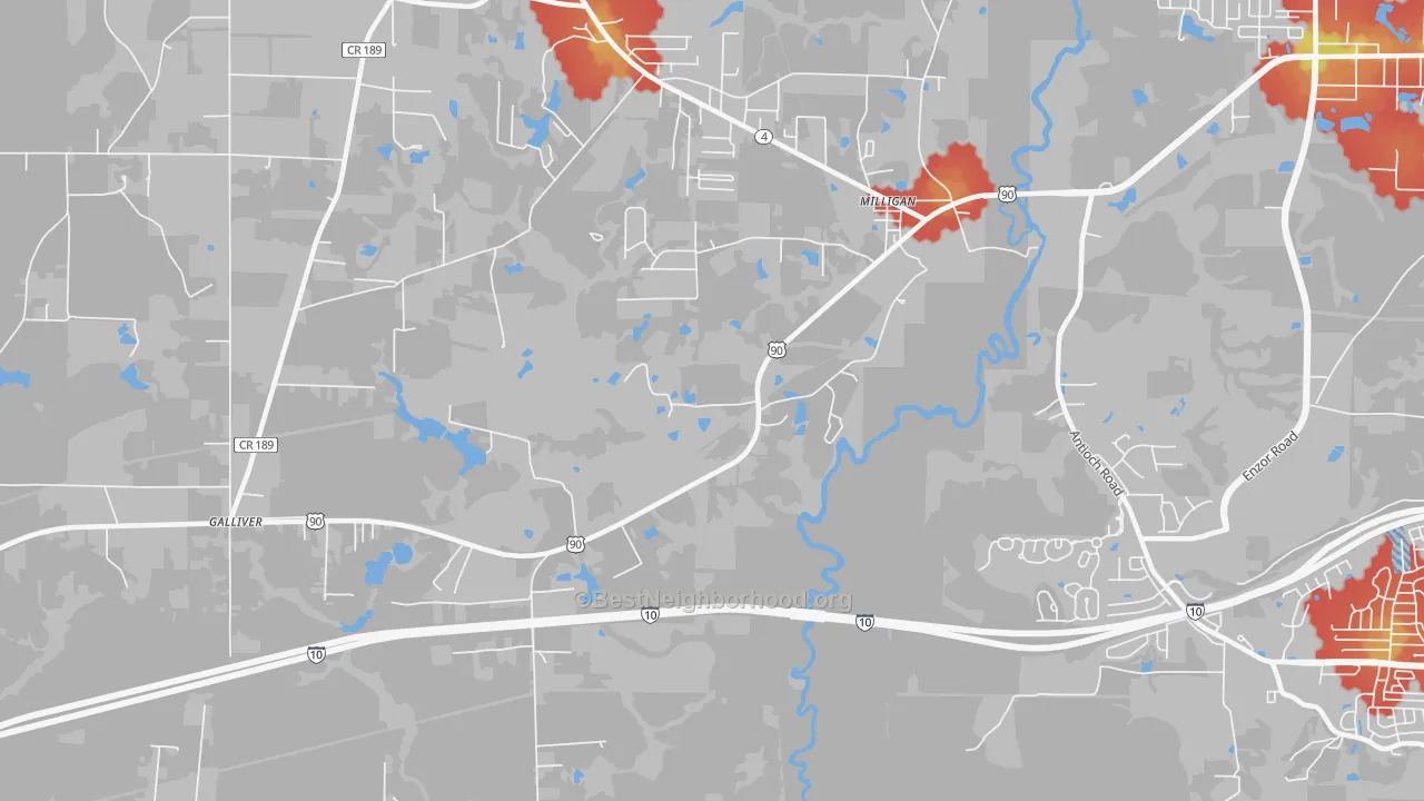 Walk Grade map of Milligan, FL, walkable areas in green and car-dependent areas in red