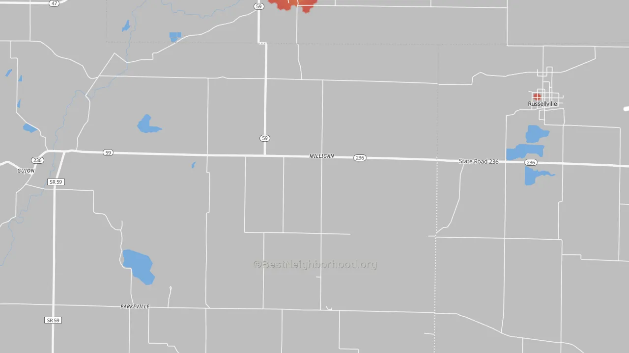 Walk Grade map of Milligan, IN, walkable areas in green and car-dependent areas in red