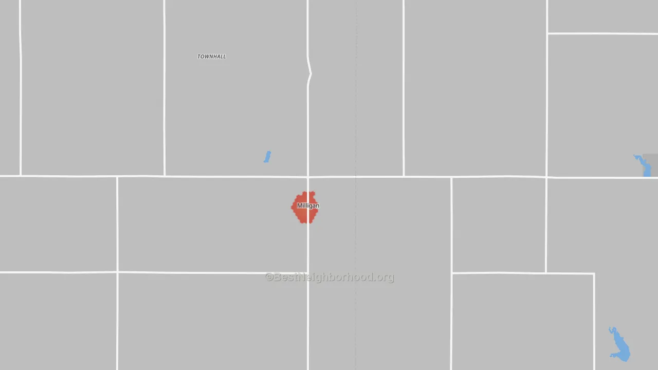 Walk Grade map of Milligan, NE, walkable areas in green and car-dependent areas in red
