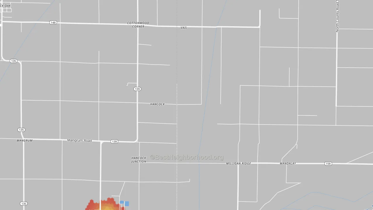 Walk Grade map of Milligan Ridge, AR, walkable areas in green and car-dependent areas in red