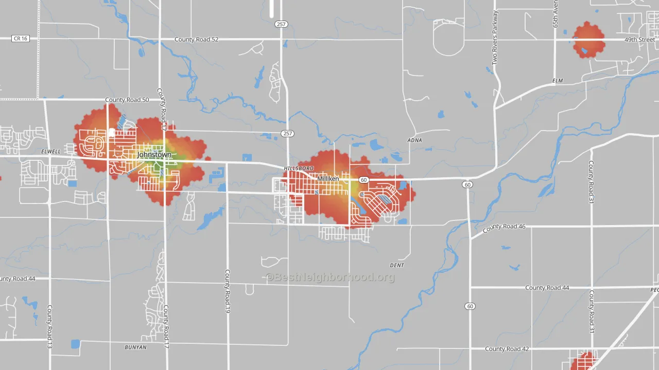 Walk Grade map of Milliken, CO, walkable areas in green and car-dependent areas in red