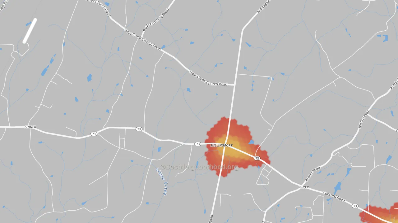 Walk Grade map of Millingport, NC, walkable areas in green and car-dependent areas in red