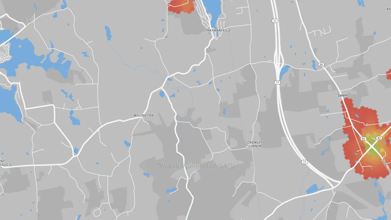 Walk Grade map of Millington, CT, walkable areas in green and car-dependent areas in red