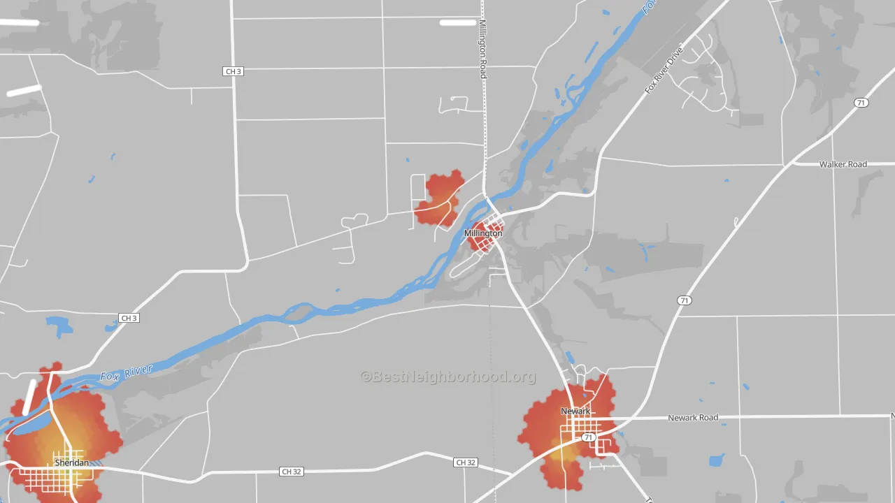 Walk Grade map of Millington, IL, walkable areas in green and car-dependent areas in red