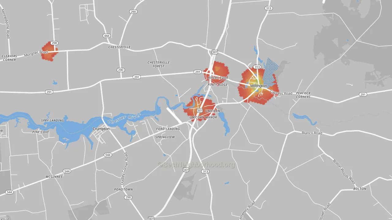 Walk Grade map of Millington, MD, walkable areas in green and car-dependent areas in red