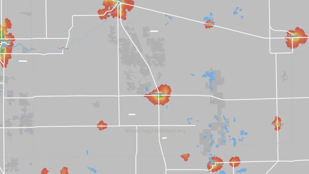 Walk Grade map of Millington, MI, walkable areas in green and car-dependent areas in red