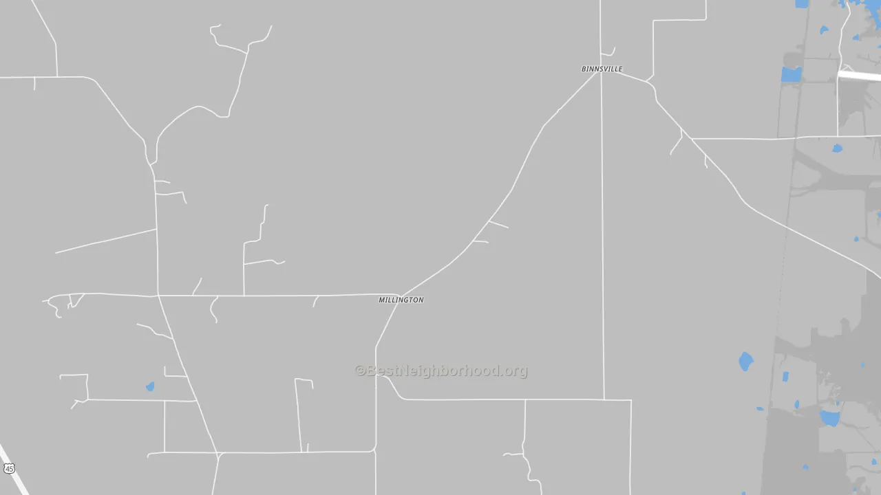 Walk Grade map of Millington, MS, walkable areas in green and car-dependent areas in red