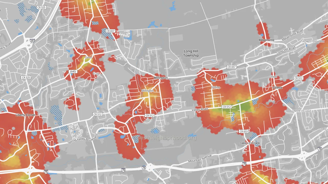 Walk Grade map of Millington, NJ, walkable areas in green and car-dependent areas in red