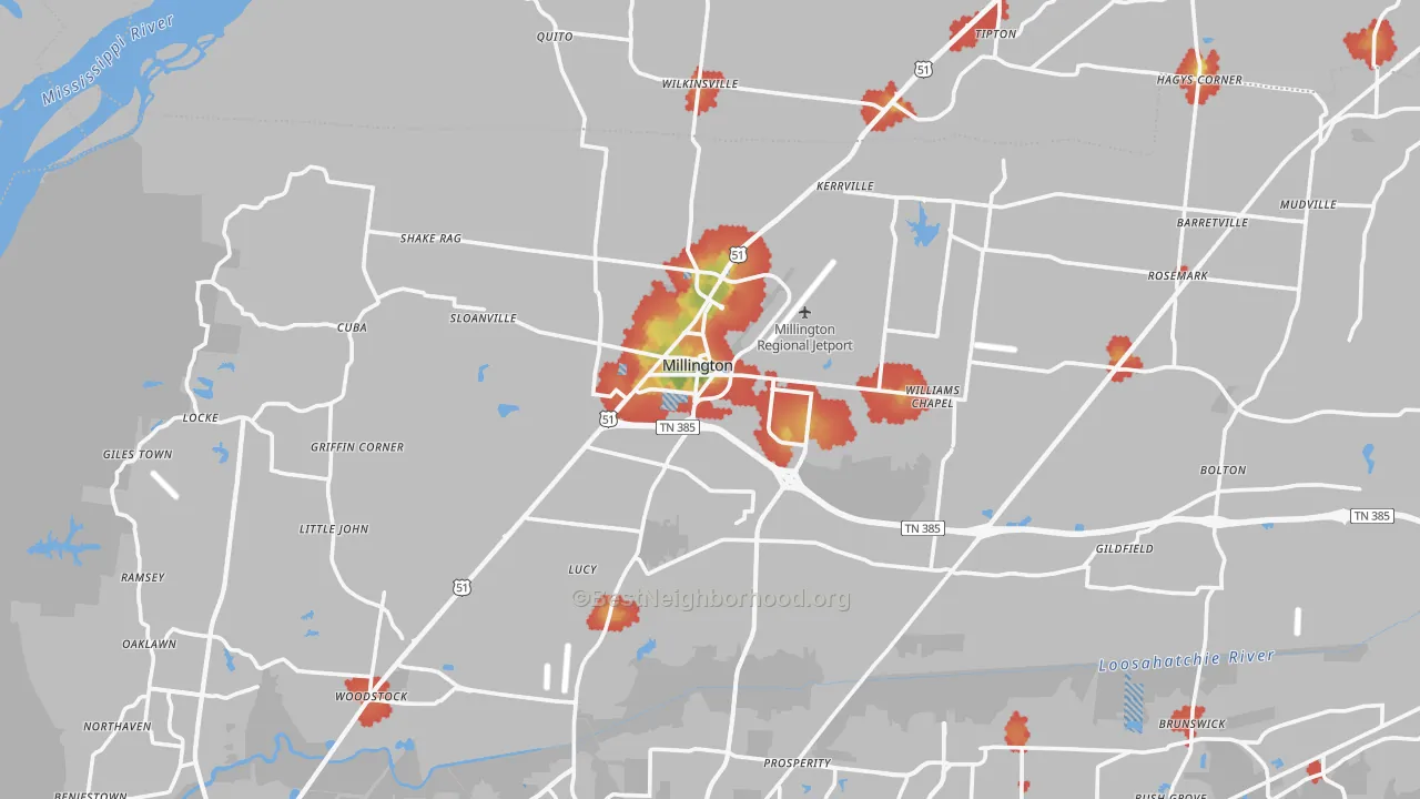 Walk Grade map of Millington, TN, walkable areas in green and car-dependent areas in red