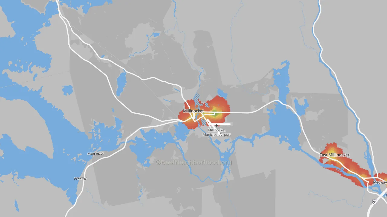 Walk Grade map of Millinocket, ME, walkable areas in green and car-dependent areas in red