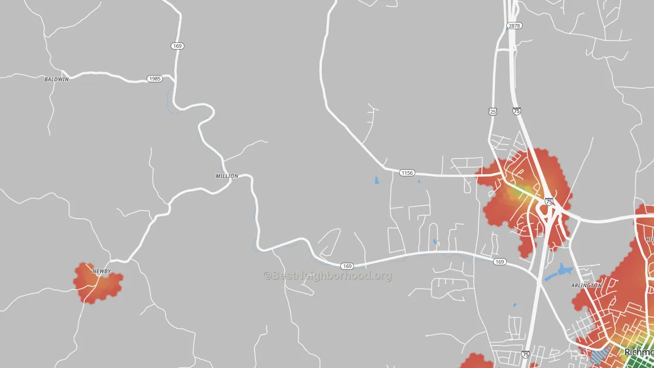 Walk Grade map of Million, KY, walkable areas in green and car-dependent areas in red