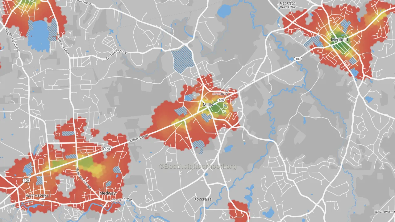 Walk Grade map of Millis, MA, walkable areas in green and car-dependent areas in red