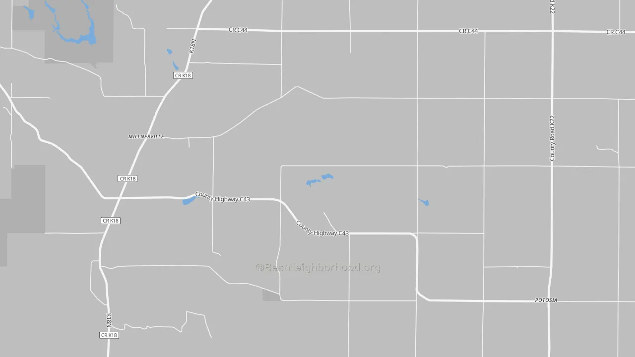 Walk Grade map of Millnerville, IA, walkable areas in green and car-dependent areas in red