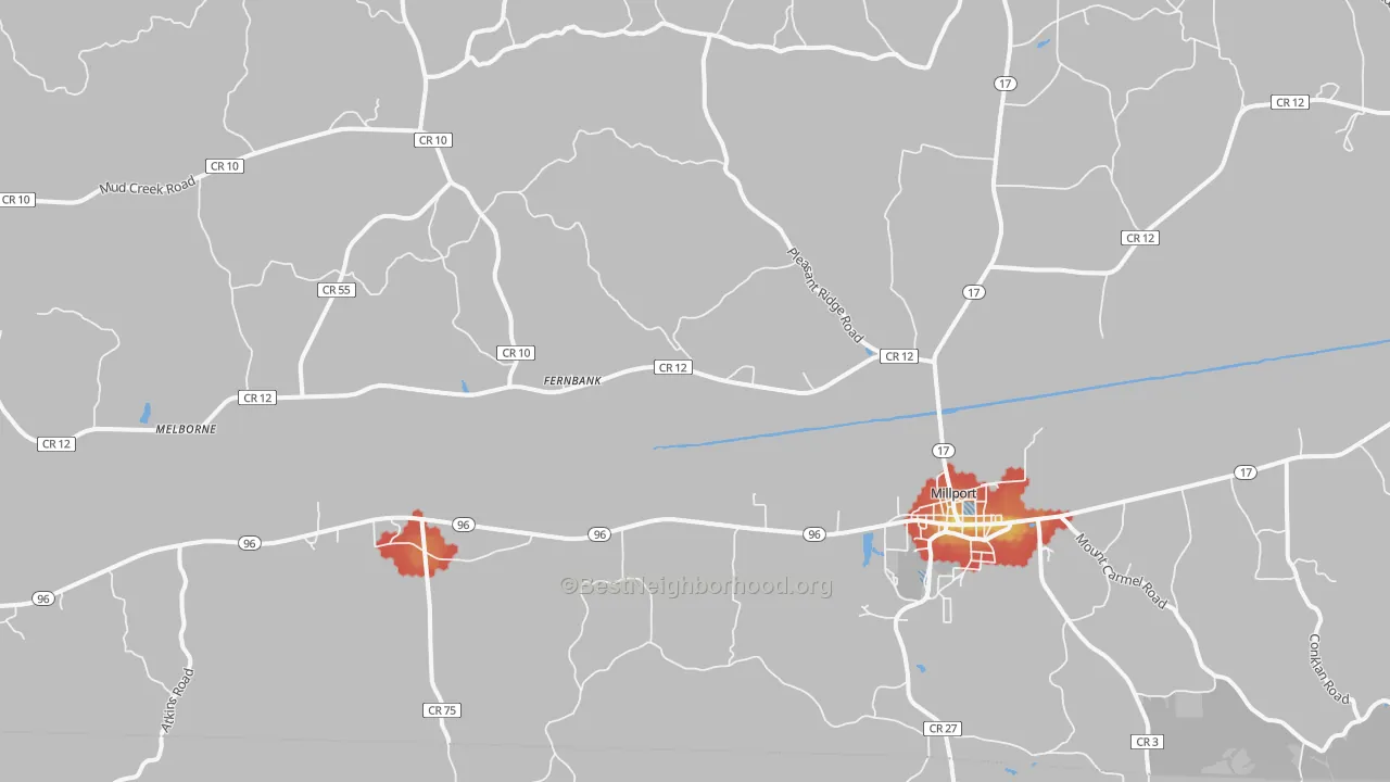Walk Grade map of Millport, AL, walkable areas in green and car-dependent areas in red