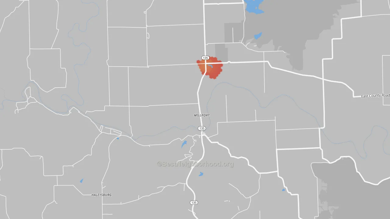 Walk Grade map of Millport, IN, walkable areas in green and car-dependent areas in red