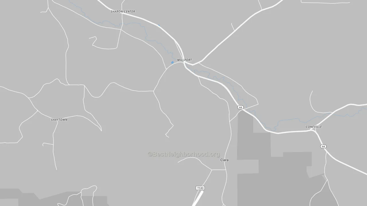 Walk Grade map of Millport, PA, walkable areas in green and car-dependent areas in red