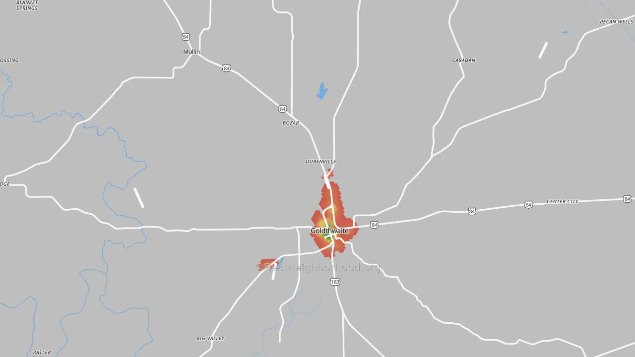 Walk Grade map of Mills County, TX, walkable areas in green and car-dependent areas in red