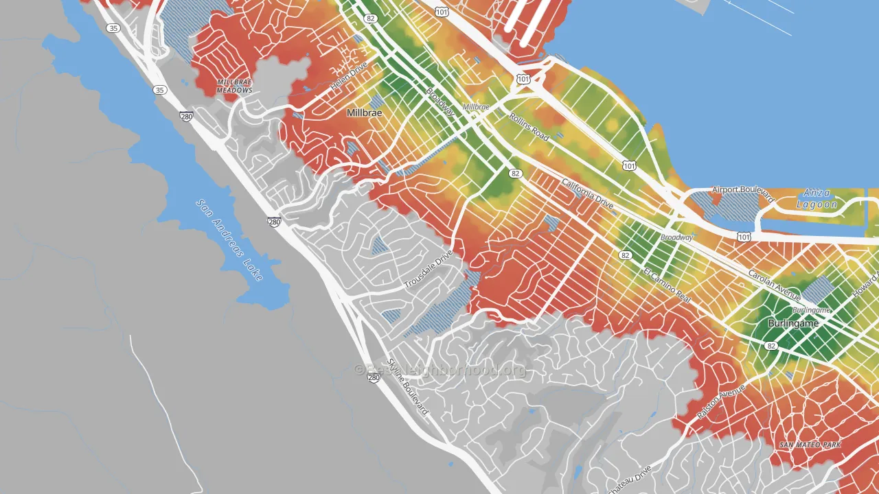 Walk Grade map of Mills Estates, Burlingame, CA, walkable areas in green and car-dependent areas in red