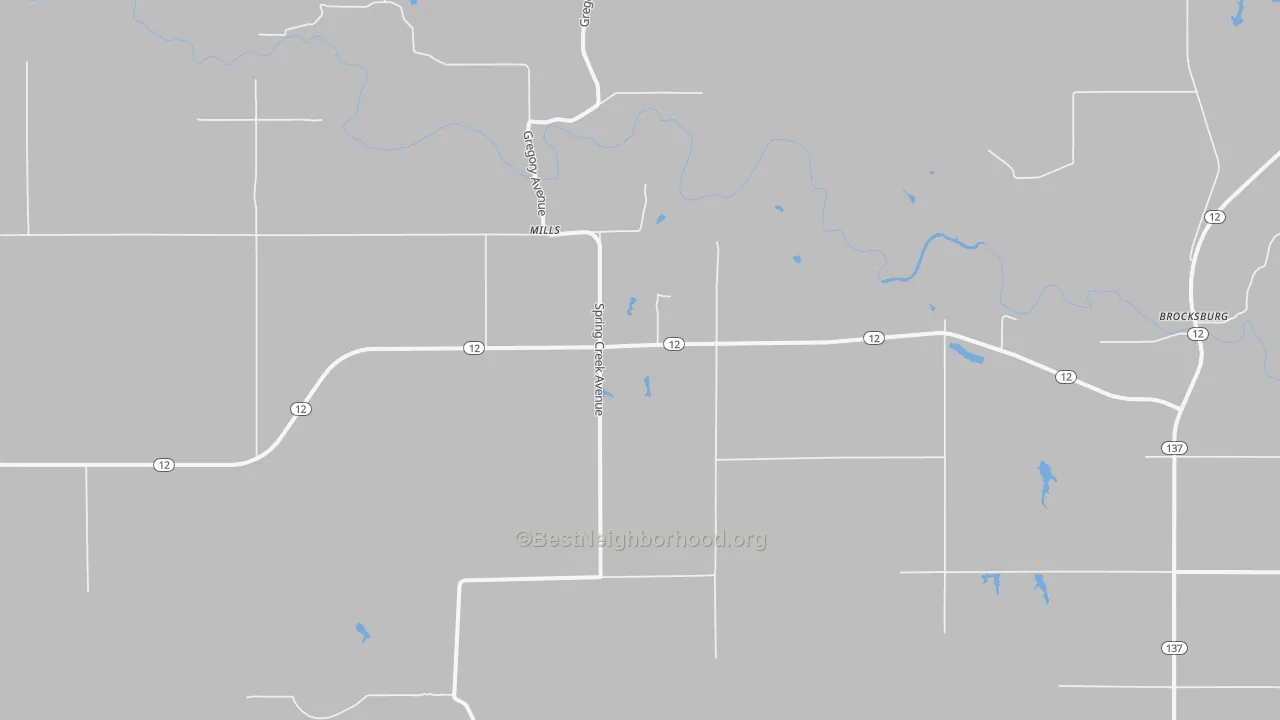 Walk Grade map of Mills, NE, walkable areas in green and car-dependent areas in red