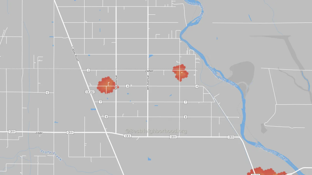 Walk Grade map of Mills Orchard, CA, walkable areas in green and car-dependent areas in red