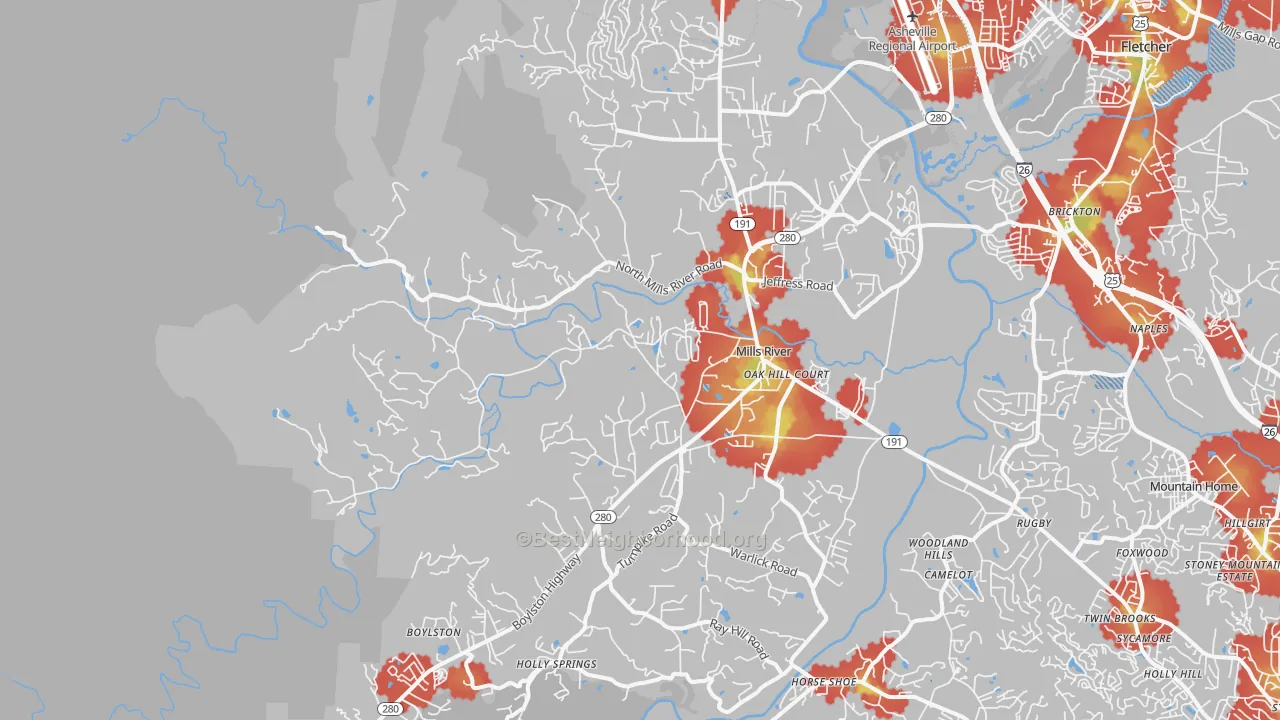 Walk Grade map of Mills River, NC, walkable areas in green and car-dependent areas in red