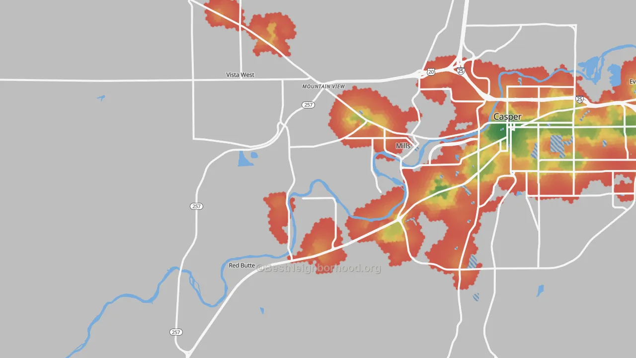 Walk Grade map of Mills, WY, walkable areas in green and car-dependent areas in red