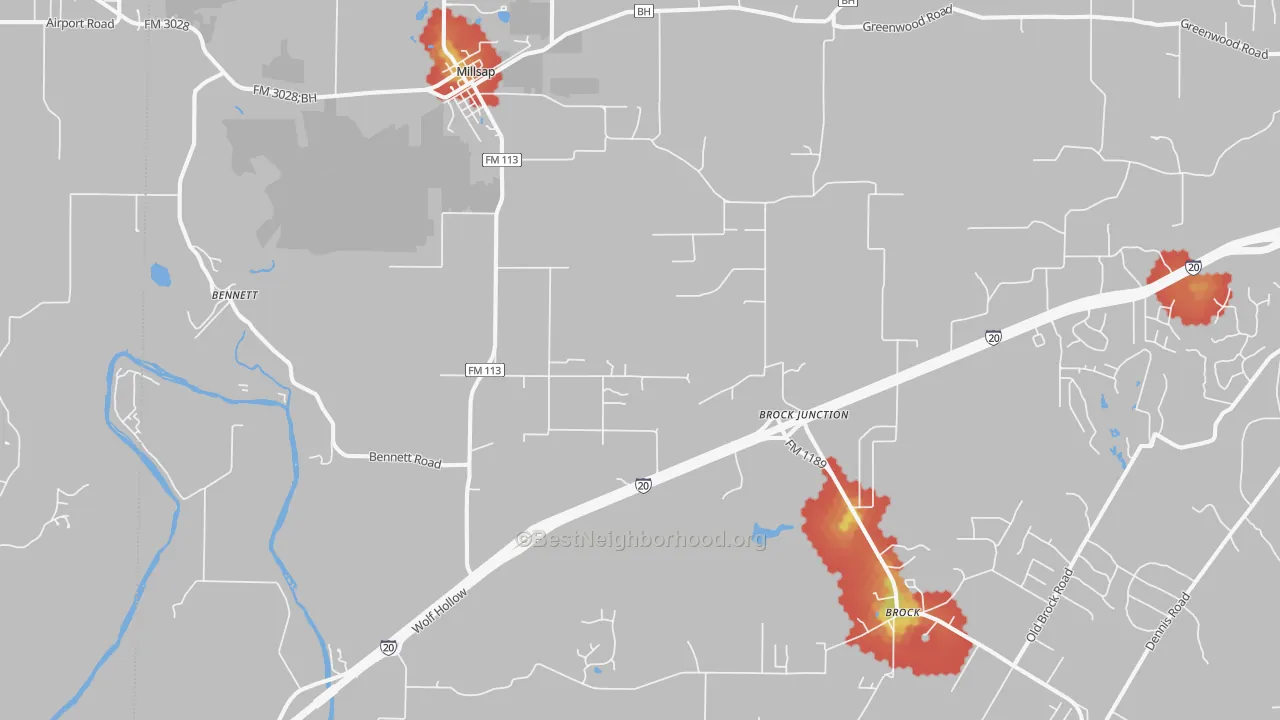 Walk Grade map of Millsap, TX, walkable areas in green and car-dependent areas in red
