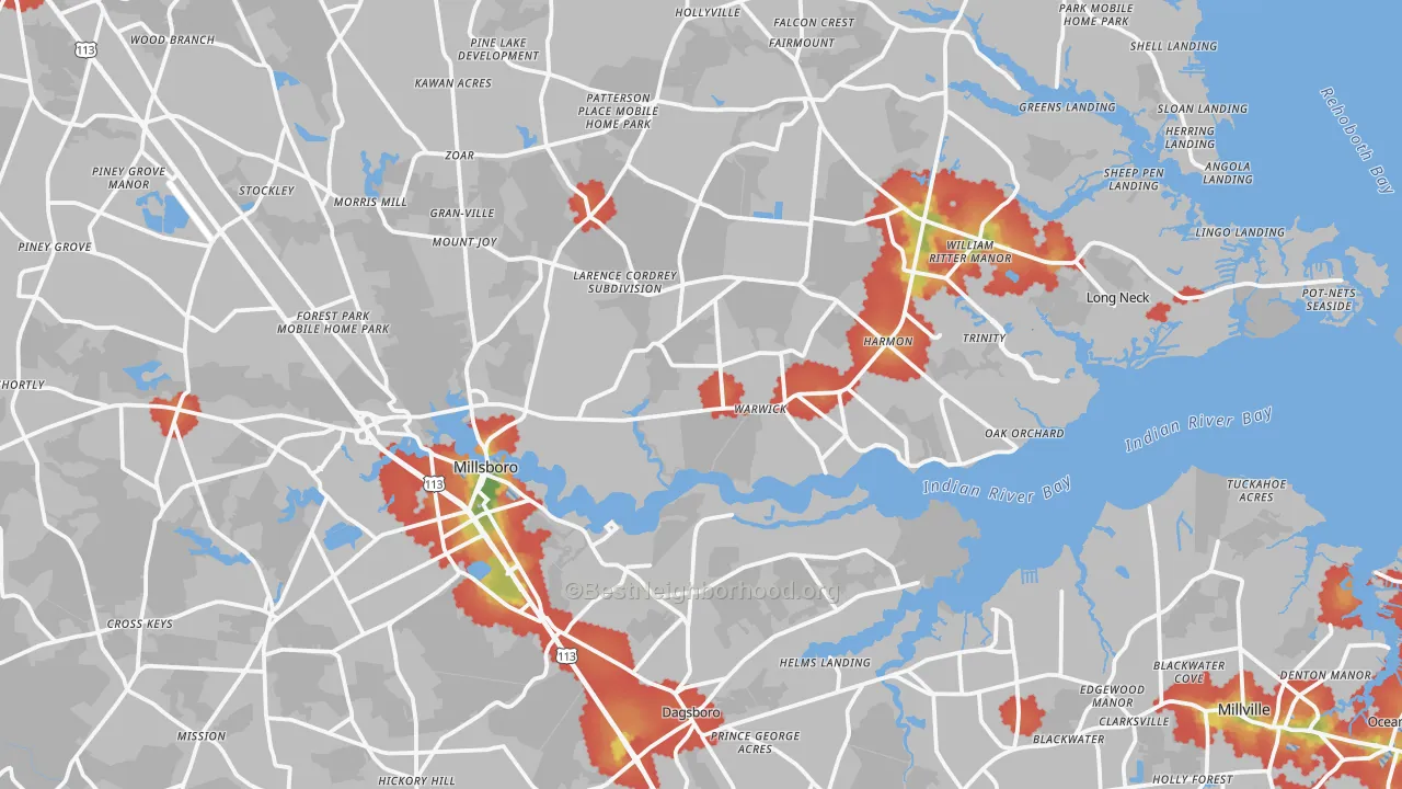 Walk Grade map of Millsboro, DE, walkable areas in green and car-dependent areas in red