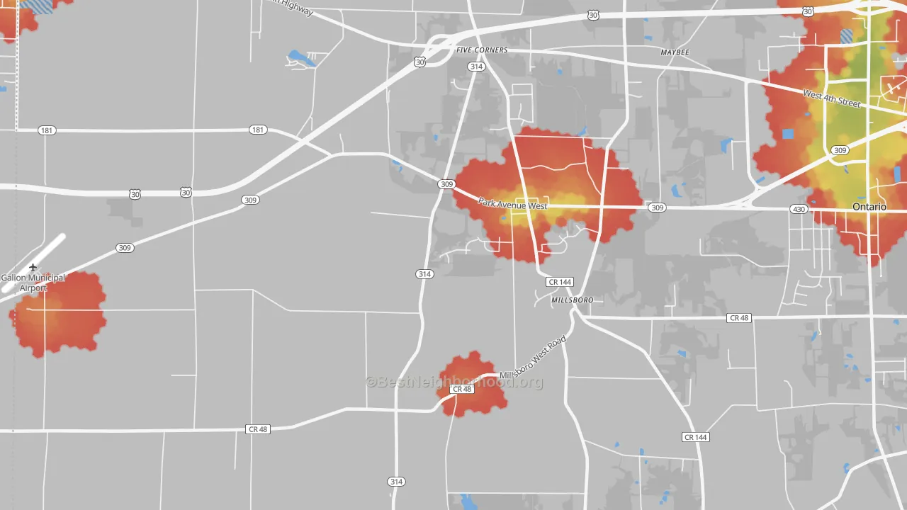 Walk Grade map of Millsboro, OH, walkable areas in green and car-dependent areas in red