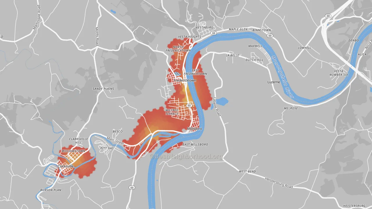 Walk Grade map of Millsboro, PA, walkable areas in green and car-dependent areas in red