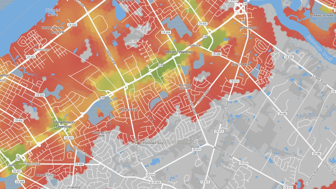 Walk Grade map of Millside Heights, Riverside, NJ, walkable areas in green and car-dependent areas in red