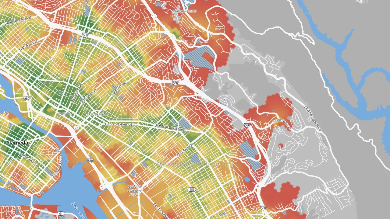 Walk Grade map of Millsmont, Oakland, CA, walkable areas in green and car-dependent areas in red