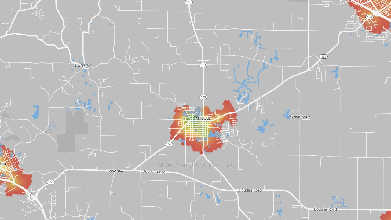 Walk Grade map of Millstadt, IL, walkable areas in green and car-dependent areas in red