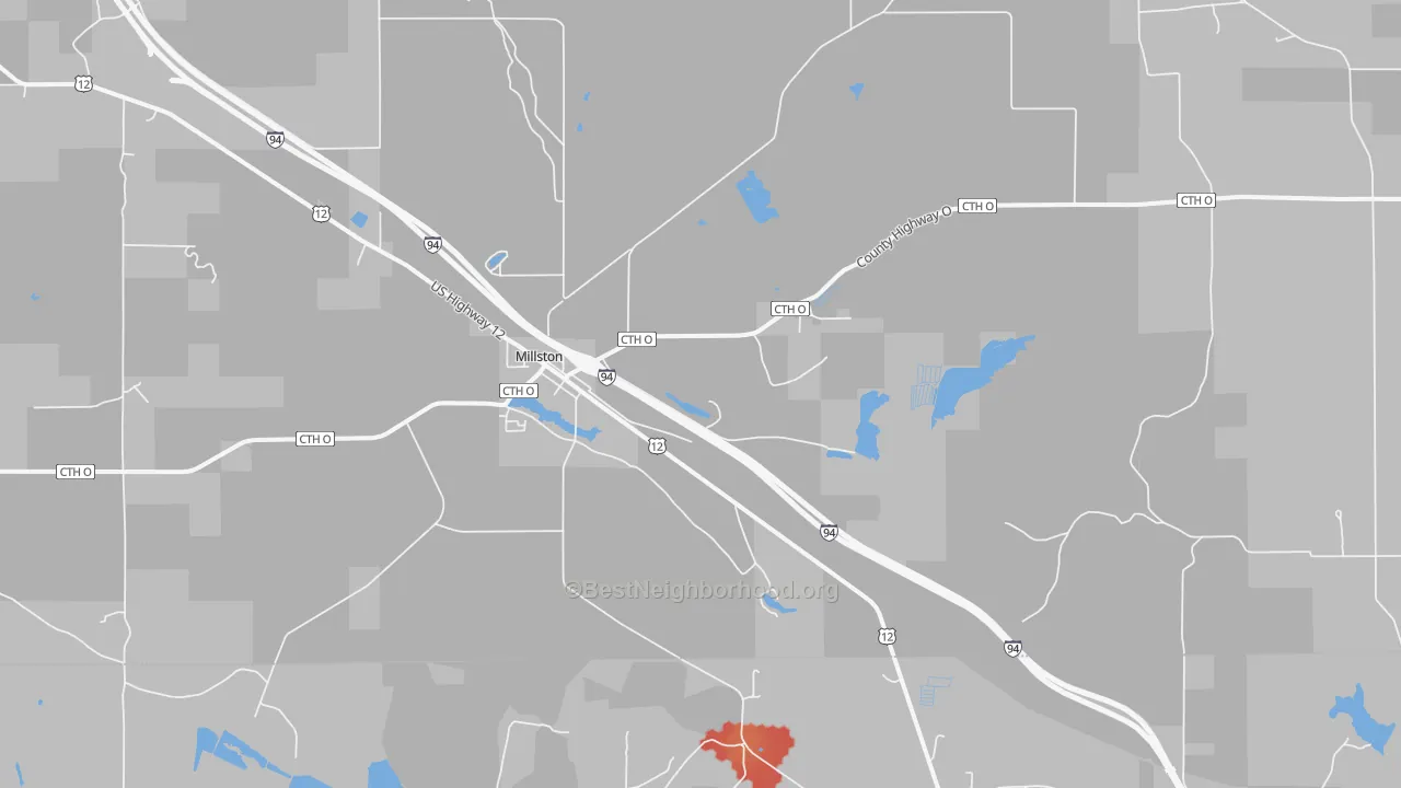 Walk Grade map of Millston, WI, walkable areas in green and car-dependent areas in red